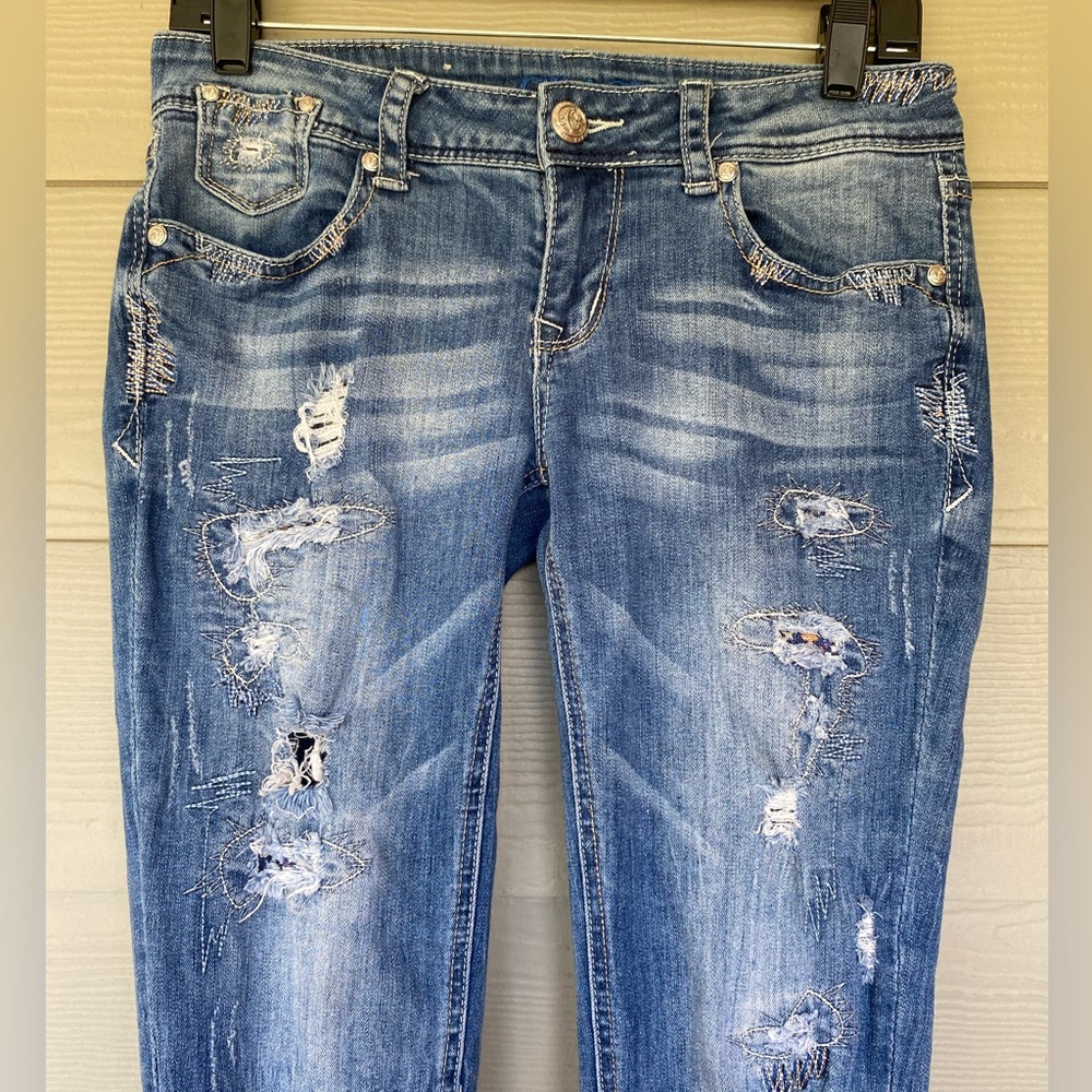 Grace in LA ~ Distressed Skinny Jeans with Frayed Hems, Size 27 - Picture 2 of 10